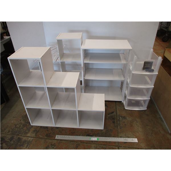 *(2) Stair Shaped Cube Shelves, 4-Shelf Storage Unit + Wire Racking and Plastic Bin Storage