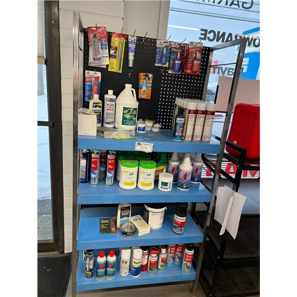 SHELF AND CONTENTS. LITHIUM GREASE, CLEANERS, BOAT WAX, RUST STAIN REMOVER, WURTH BOND AND SEAL,