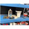 Image 4 : SHELF AND CONTENTS. LITHIUM GREASE, CLEANERS, BOAT WAX, RUST STAIN REMOVER, WURTH BOND AND SEAL,