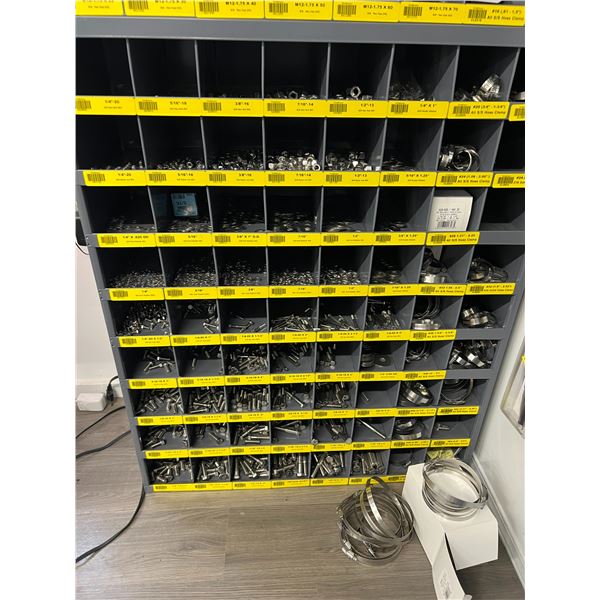 STORAGE RACK WITH CONTENTS, STAINLESS STEEL 1/4 -1/2  NUTS, WASHERS, BOLTS, LOCKING WASHERS,