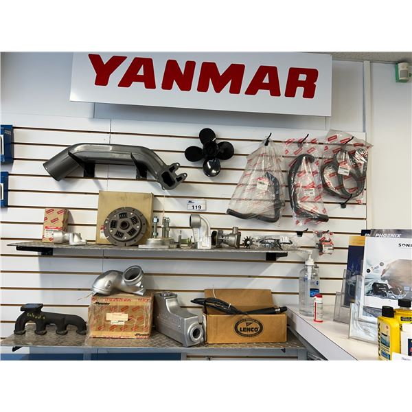 YANMAR WALL DISPLAY INC MANIFOLDS, BELTS, PROP, PUMP, LENCO TOOL, YANMAR SIGN, ETC