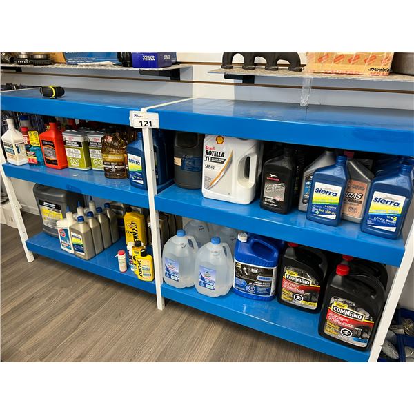 6' SHELF AND CONTENTS INC 2 CYCLE AND 4 CYCLE OIL, ANTIFREEZE, DIESEL TX, STEERING FLUID, GEAR LUBE,