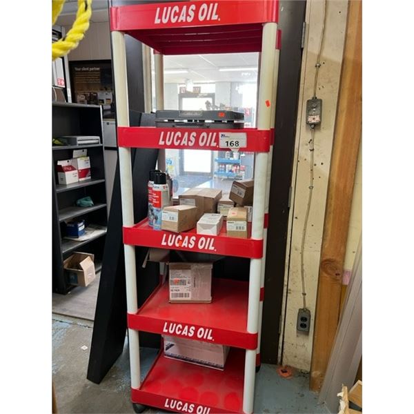 LUCAS OIL DISPLAY SHELF ON CASTORS WITH CONTENTS. 110 KG SHIPPING SCALE, BRAKE AND PARTS CLEANER,