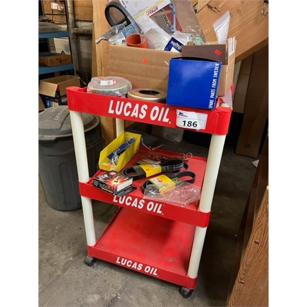 GROUP OF 3 CRAPPY BOOKSHELVES AND LUCAS OIL MOBILE DISPLAY SHELF ON CASTORS. INC JOHN DEERE BELTS,