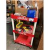 Image 1 : GROUP OF 3 CRAPPY BOOKSHELVES AND LUCAS OIL MOBILE DISPLAY SHELF ON CASTORS. INC JOHN DEERE BELTS,