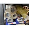 Image 2 : 36"W SHELF WITH PADDED ENVELOPES, PACKING TAPE, SHRINK WRAP, ZIPLOCK BAGS, RAZOR KNIVES ETC