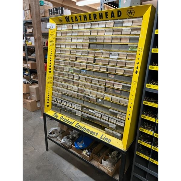 WEATHERHEAD DISPLAY RACK WITH CONTENTS. 180 BINS OF ASST PLASTIC AND METAL FITTINGS