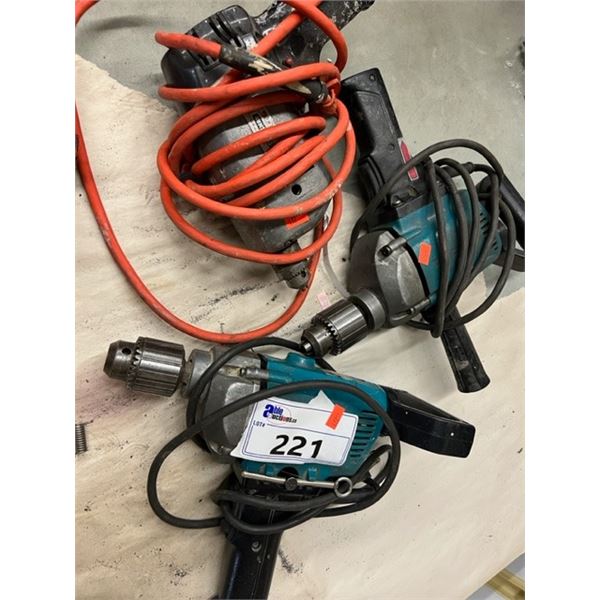 3 ELECTRIC DRILLS. 2 ARE MILWAUKEE 1/2"