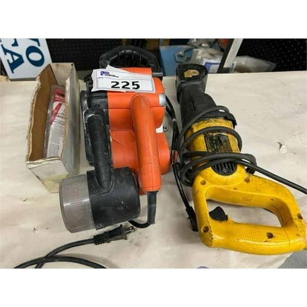 B & D BELT SANDER AND DEWALT RECIPROCATING SAW WITH A BOX OF BLADES