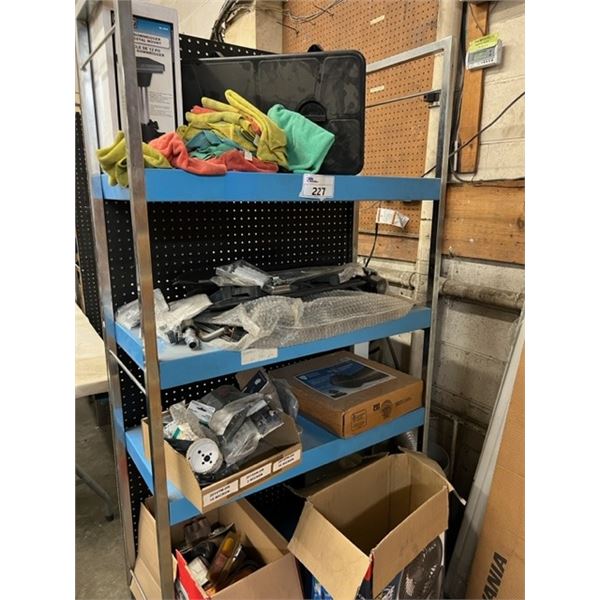 36" DISPLAY RACK WITH SHELVES AND PEGBOARD BACK WITH CONTENTS