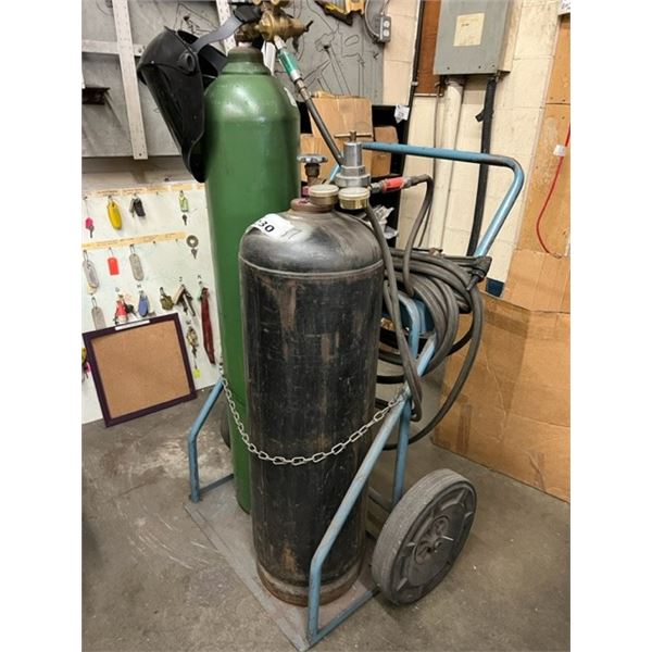 OXY ACETYLENE SET WITH CART. LARGE TANKS. WELDING HEAD, FACE SHIELD