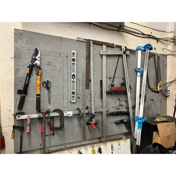 WALL DISPLAY WITH ASST TOOLS, SQUARES, FELT MEASURING TOOL, ETC