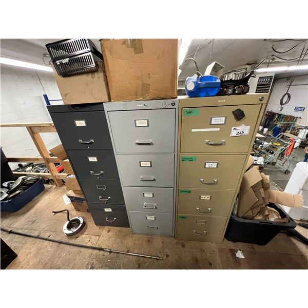 4 DR FILE CABINET WITH SHIMS, GASKETS, CARBURETORS AND TWO OTHER FILE CABINETS