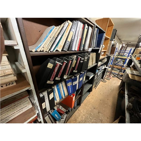 3 BOOKSHELVES OF MANUALS AND BINDERS WITH MANUALS. VOLVO, YANMAR, DETROIT DIESEL