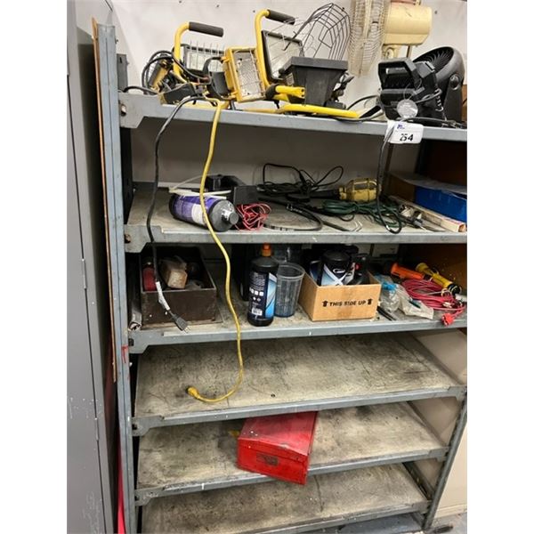 4' SHELF WITH CONTENTS. FANS, SPECIALTY TOOLS, LIGHTS, GRINDING WHEELS, ASST LIGHTS, SOME QUARTZ