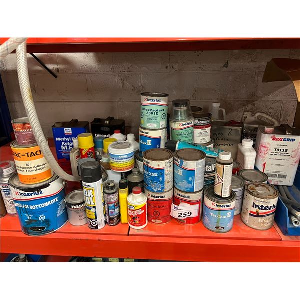 ASST MARINE PAINTS, CLEANERS, BILGE PAINT, SOLVENTS, MEK, GREASE REMOVER, SELF ETCHING PRIMER, ETC