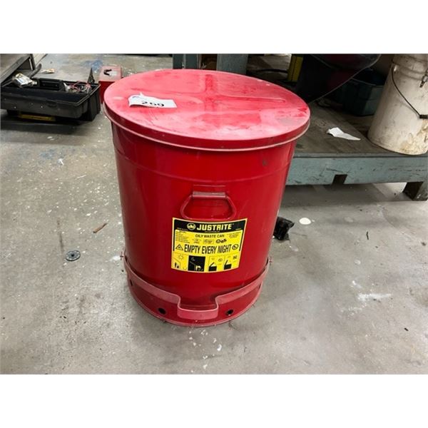 JUSTRITE FOOT OPERATED OILY WASTE BIN (USED FOR DIRTY RAG STORAGE)