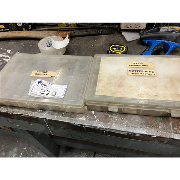 2 PLASTIC BINS OF COPPER WASHERS AND STAINLESS COTTER PINS