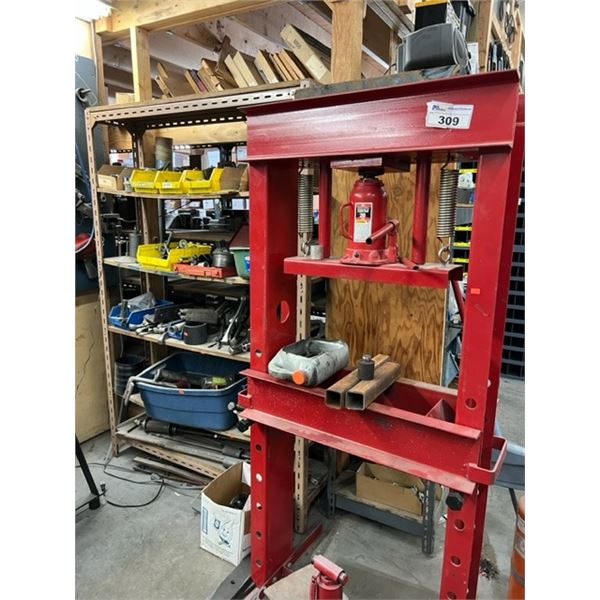 20 TON HYDRAULIC PRESS COMES WITH 48" SHELF AND ASST OF SPECIALTY TOOLS, PUNCHES, WHEEL PULLERS,