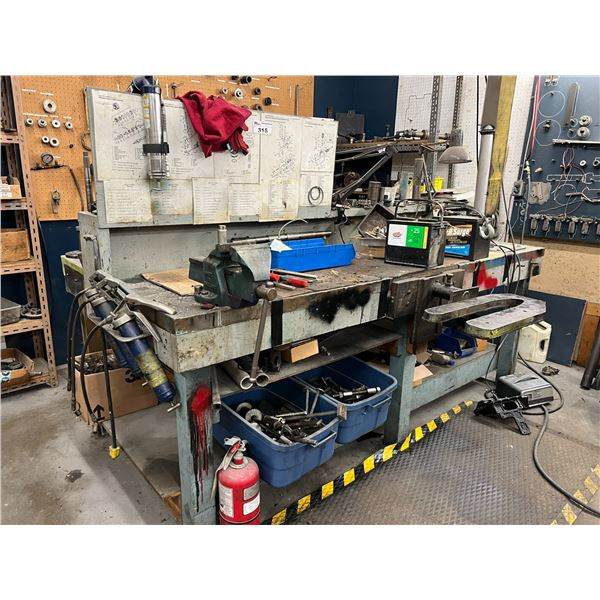 4'X8' WORK BENCH WITH CONTENTS (EXCEPT HOIST). 5" VICE, 6" VICE, GREASE GUNS, TOOLS, WHEEL PULLERS,