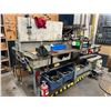 Image 1 : 4'X8' WORK BENCH WITH CONTENTS (EXCEPT HOIST). 5" VICE, 6" VICE, GREASE GUNS, TOOLS, WHEEL PULLERS,