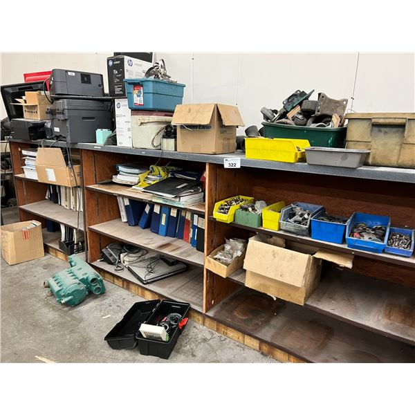 12' SHOP SHELF WITH CONTENTS. MANUALS, MONITORS, PRINTERS, HOSE CLAMPS, ZINCS, DOLLY WHEELS, RUBBER