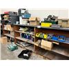 Image 1 : 12' SHOP SHELF WITH CONTENTS. MANUALS, MONITORS, PRINTERS, HOSE CLAMPS, ZINCS, DOLLY WHEELS, RUBBER