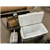 Image 2 : GROUP LOT. 2 COOLERS THAT ARE QUITE DIRTY OUTSIDE BUT NOT AS BAD INSIDE. 36" WHEELED PLASTIC CART