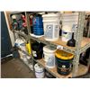 Image 1 : 2 RACKS WITH ASST OIL PRODUCTS AND CONTAINERS. BILGE CLEANER, GUN WASH SOLVENT, FIBREGLASS RESIN,