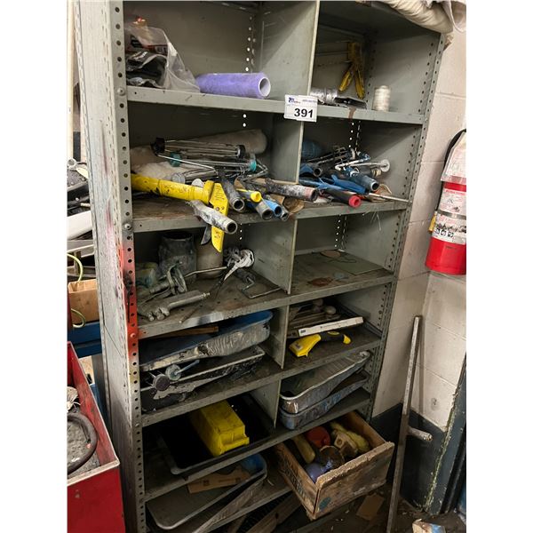 3' METAL SHELF WITH CONTENTS. ASST PAINTING SUPPLIES