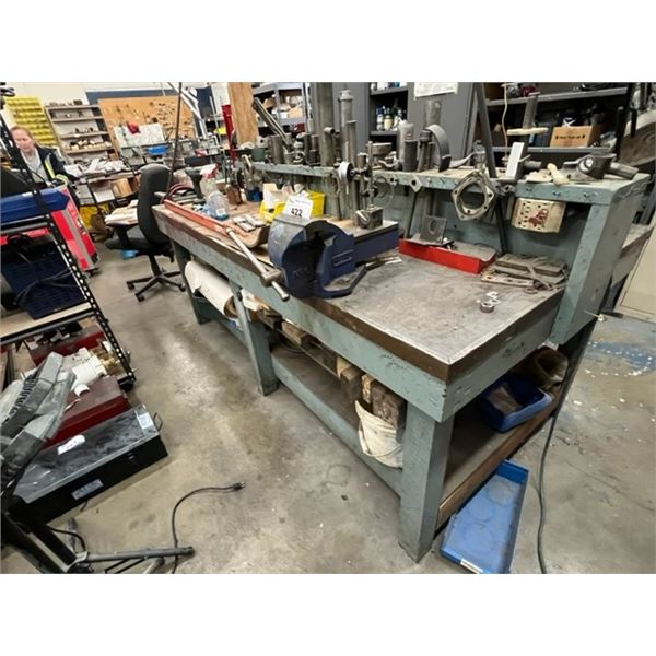 8'X4' WORK BENCH WITH CONTENTS. 2X 6" VICES, ASST SPECIALTY TOOLS, VERY LARGE 5' NAIL PRY BAR, WORK