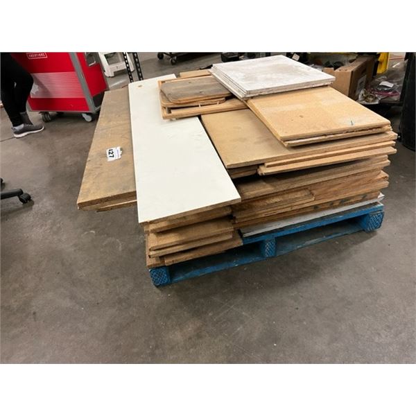 PALLET OF PARTICLE BOARD FOR SHELVING. 4'X2' PRIMARILY AND SOME 4'X1'. APPROX 30 PIECES