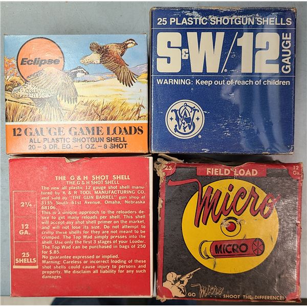 AMMO: 4 VINTAGE COLLECTOR 12 GA SHOTGUN SHELL BOXES - S&W, MICRO, G&H ...