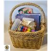 BASKET OF SCRAPBOOKING SUPPLIES; CARDSTOCK, CORNER