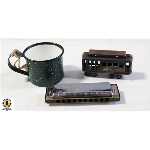 ESTATE HOHNER HARMONICA, CLINKER CUP, & STREETCAR