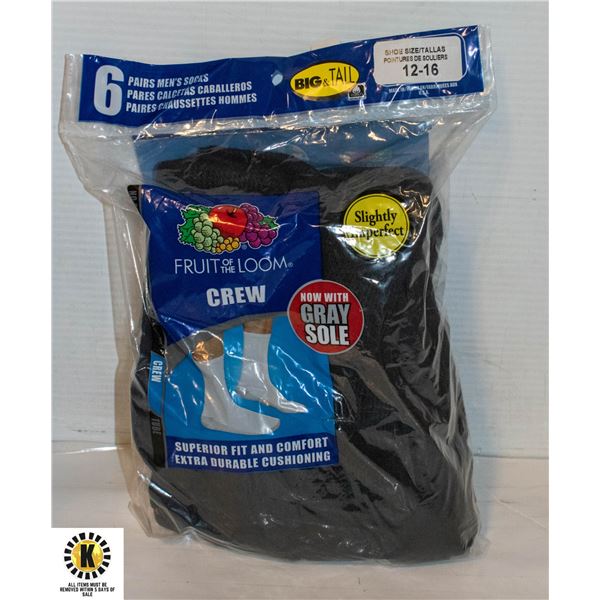 BLACK CREW SOCKS,SIZE 12-16,6-PACK