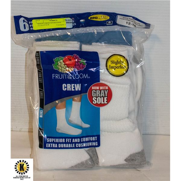 WHITE CREW SOCKS,SIZE 12-16,6-PACK