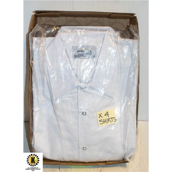 4 NEW WHITE UNIFORM SHIRTS W/ SNAPS - SIZE MED