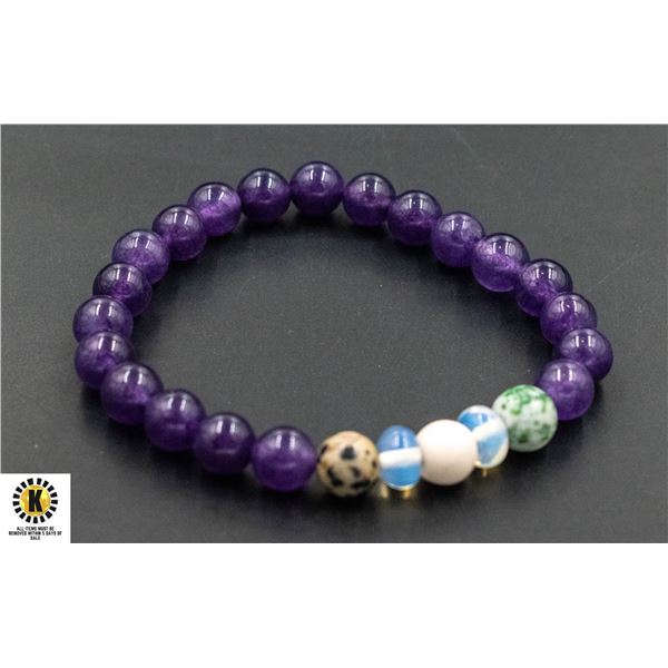 #188-NATURAL AMETHYST & JASPER SPORT  BEAD BRACELE