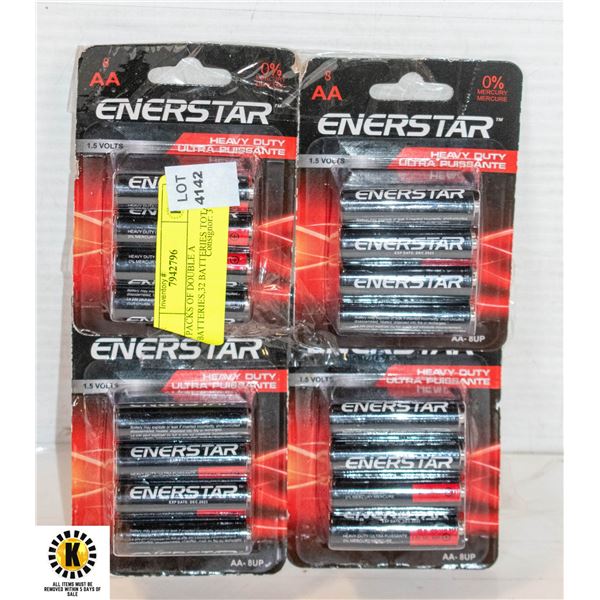 4 PACKS OF DOUBLE A BATTERIES,32 BATTERIES TOTAL ** EXPIRES 12-2023 **