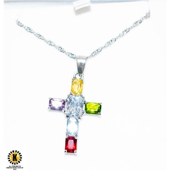 MULTI STONED CROSS NECKLACE IN GIFT BOX