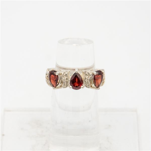 925 STERLING SILVER GARNET (3 STONES) RING SZ 6.5