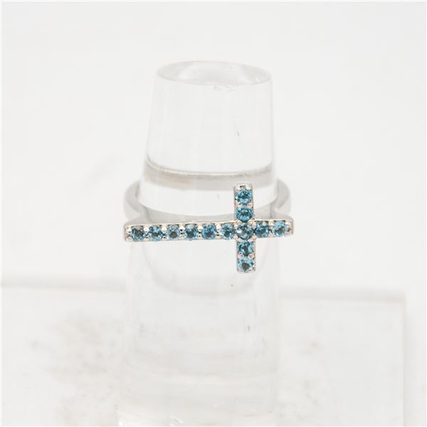 925 STERLING SILVER BLUE TOPAZ CROSS RING SZ 6.75