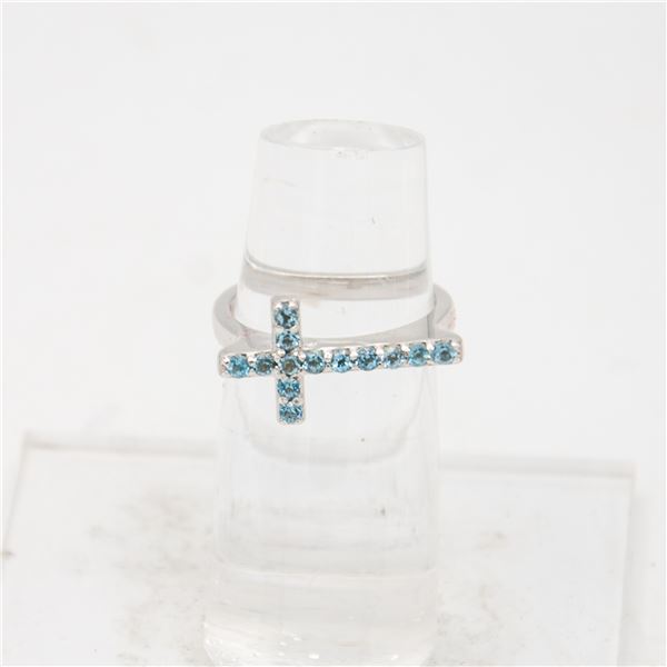 925 STERLING SILVER BLUE TOPAZ CROSS RING SZ 6.75