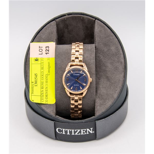 6" CITIZEN ROSE GOLD, BLUE FACE ECO DRIVEN 3 HAND