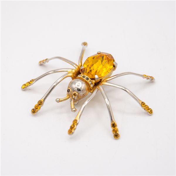 LARGE VINTAGE GOLD TONE SPIDER BROOCH W/ TOPAZ