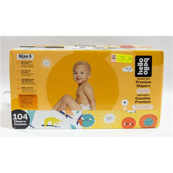 NEW CASE OF HELLO BABY DIAPERS SIZE 5 & 104PCS PER