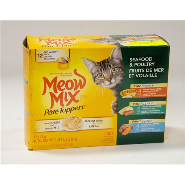 NEW CASE OF 12 X 78G MEOW MIX PATE TOPPERS - MEATY