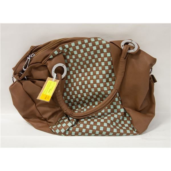 NEW DARK BROWN W SEA GREEN CHECKERED LEATHER BAG