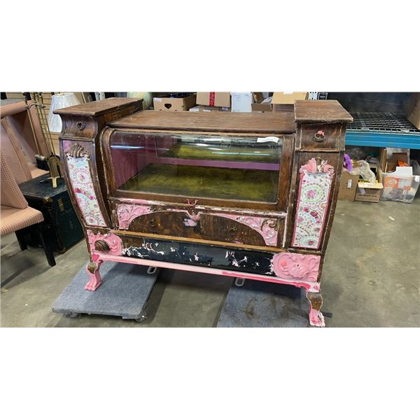 ANTIQUE BOWED GLASS DISPLAY CABINET WITH STORAGE